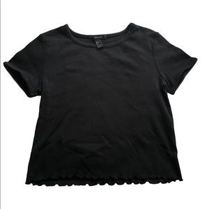 Black Shirt with Small Lace Detailed Sleeves and Lettuce Edge Hem